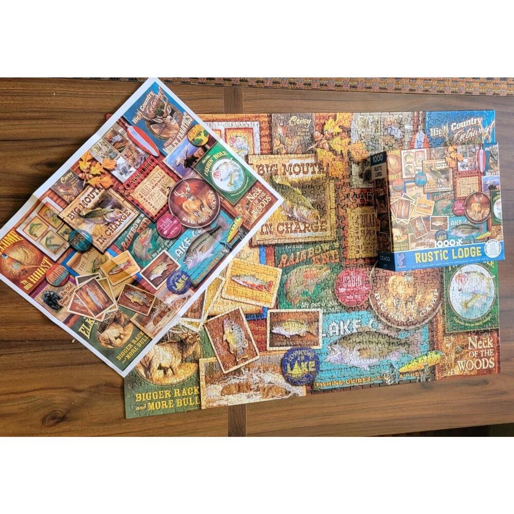 Jigsaw Puzzle 1000 Pcs Rustic Lodge Hunting Fishing Camping Art Collage Complete